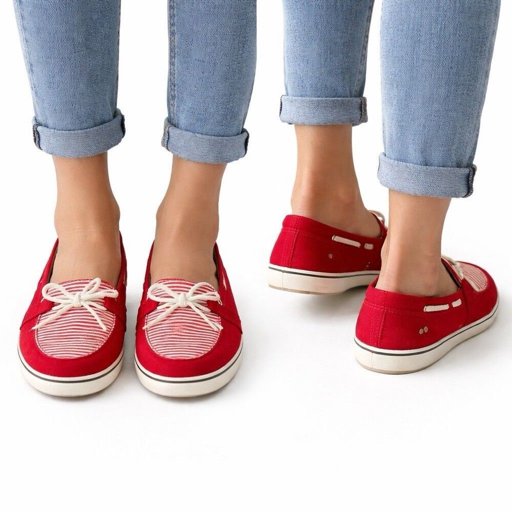 Grasshoppers Red Canvas Boat Shoe Loafers Striped Lace-Up Memory Deluxe Size 8.5